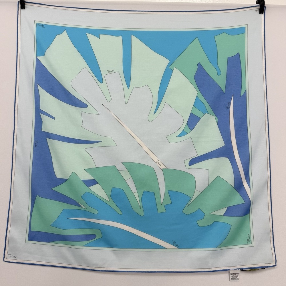 Emilio Pucci Silk & Cotton Scarf Signed "Emilio" Blue Turquoise Green White Grn